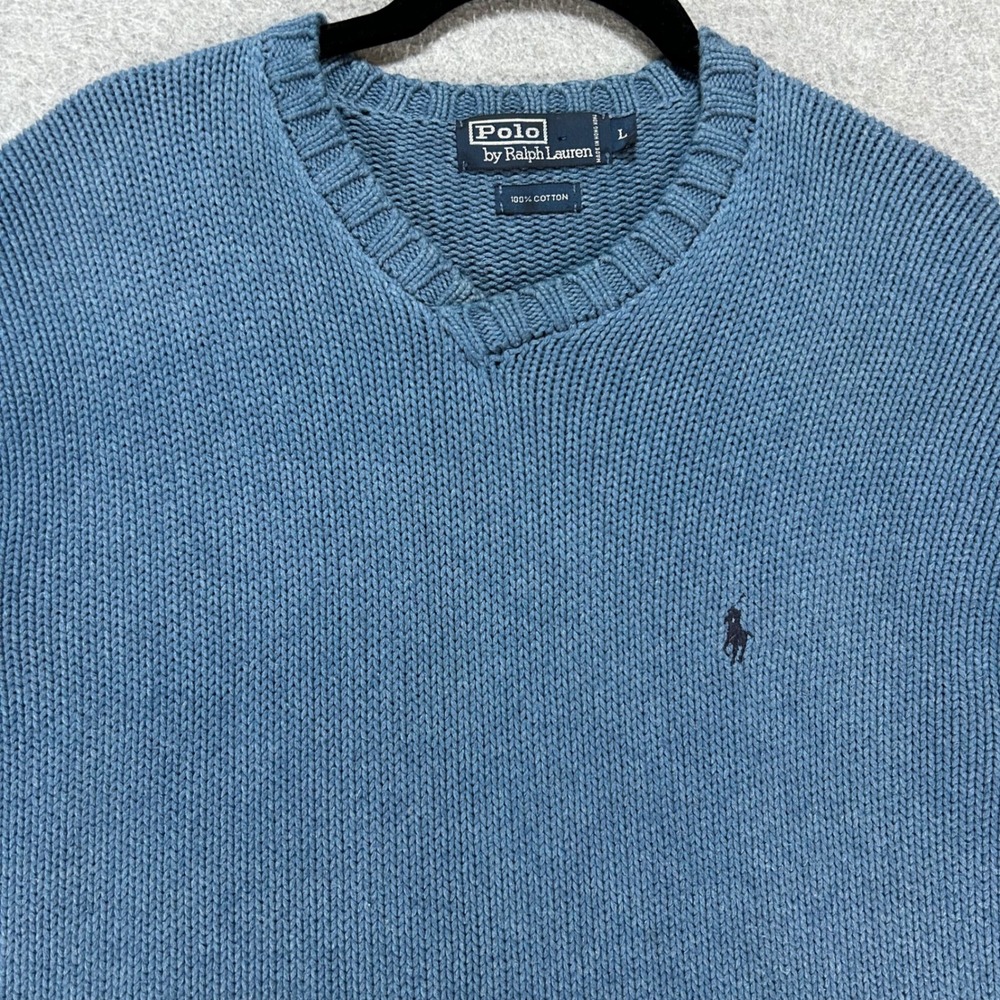 Polo Ralph Lauren V-Neck Sweater Mens L Blue Heavy Knit Preppy Classic Vintage